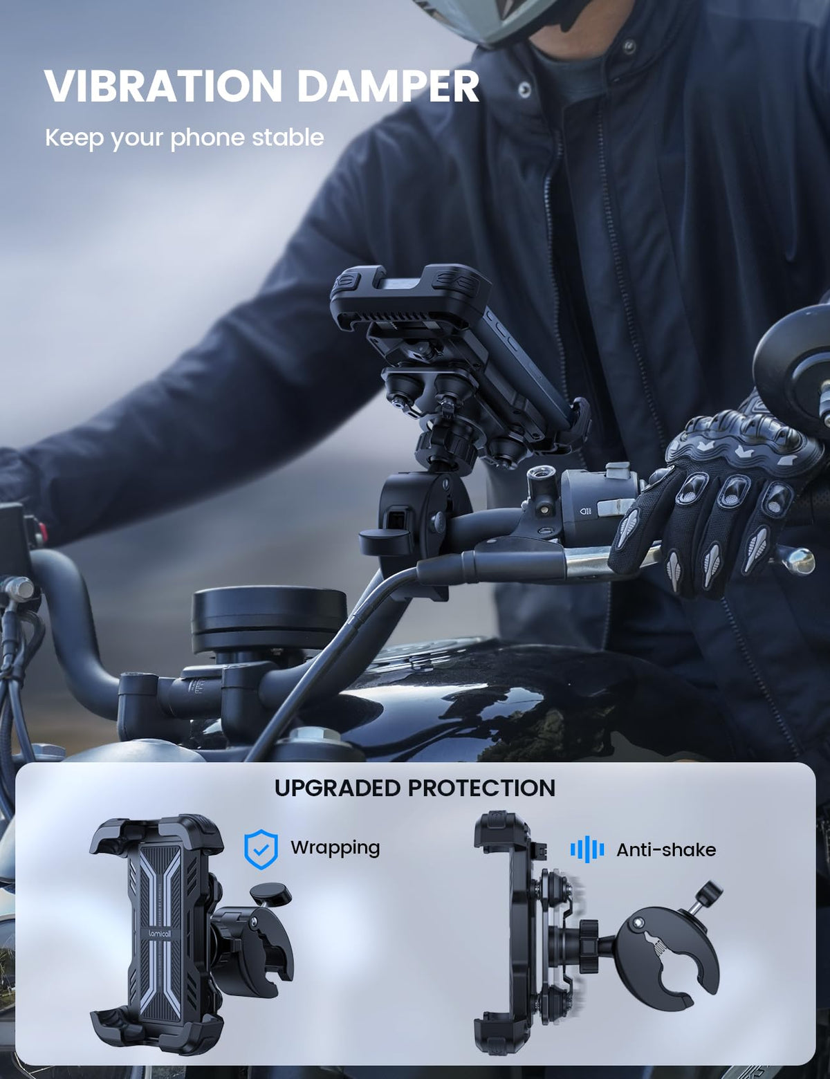 Dual Vibration Dampener & Anti Shake Motorcycle Cell Phone Holder for 4.7-6.7'' iPhone Android and More