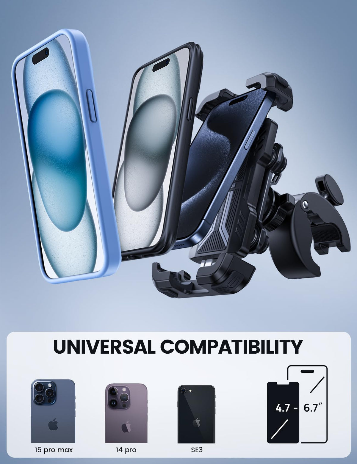 Dual Vibration Dampener & Anti Shake Motorcycle Cell Phone Holder for 4.7-6.7'' iPhone Android and More