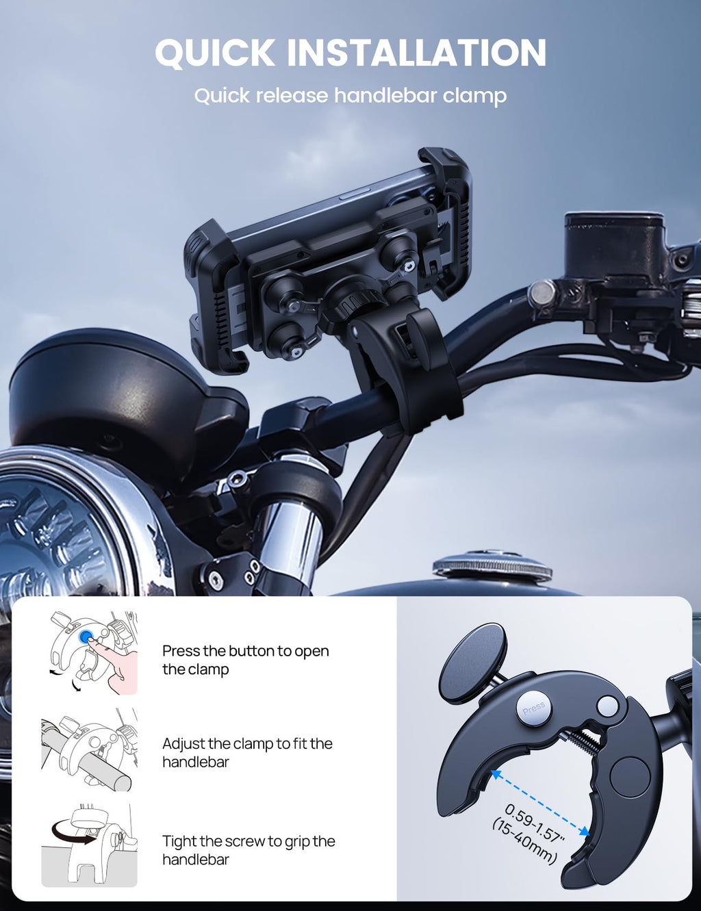 Dual Vibration Dampener & Anti Shake Motorcycle Cell Phone Holder for 4.7-6.7'' iPhone Android and More